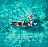 Aerial view of a speedboat on turquoise waters in Mauritius for island tours