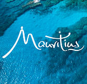 Mauritius tourism branding logo over clear blue ocean background