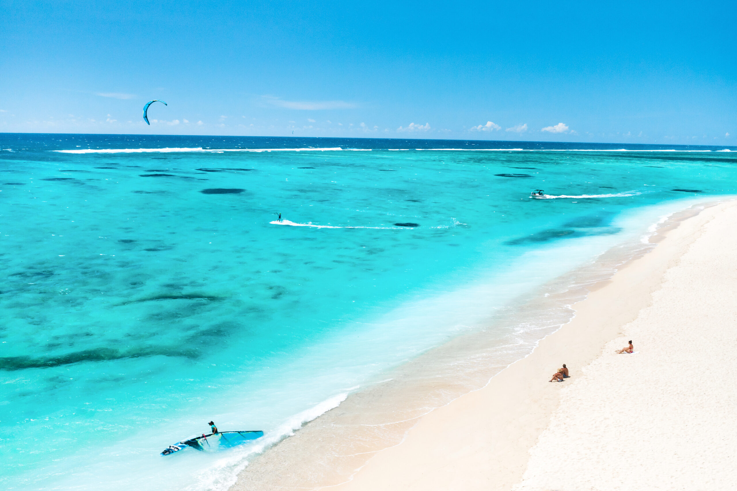 Aerial view of Le Morne beach in the Indian Ocean on the island of Mauritius.