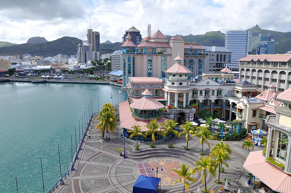 Beautiful view of Caudan Waterfront with shops, cafes, and marina in Port Louis, Mauritius