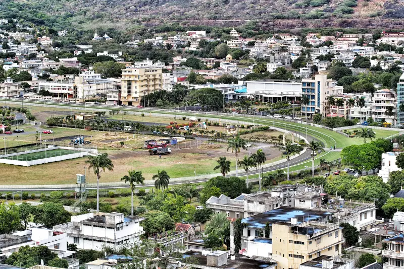Aerial or roadside view of Champ de Mars racecourse, the oldest horse racing track in Port Louis, Mauritius