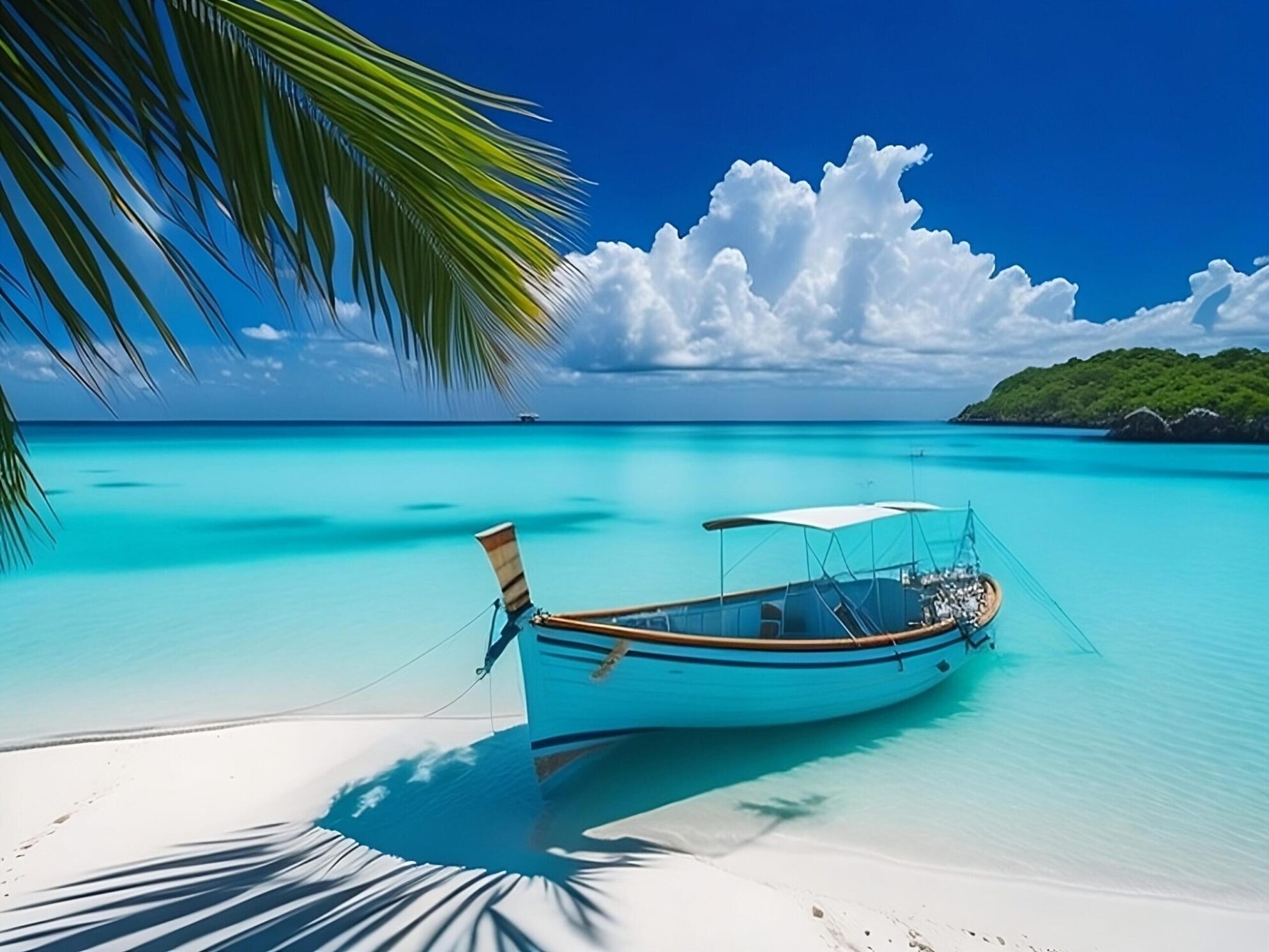 Sandy beach of Flat Island with palm trees and anchored catamarans in the background, Mauritius