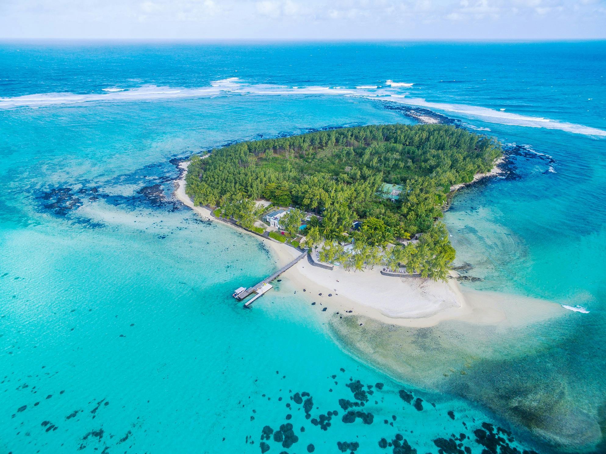 Scenic view of Île aux Aigrettes, a nature reserve island in Mauritius with lush greenery and coastal waters