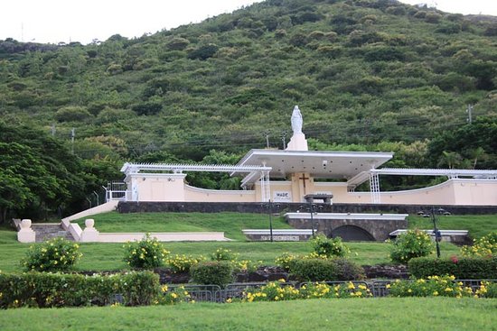 Panoramic view of Port Louis city from the steps of Marie Reine de la Paix hilltop chapel in Mauritius