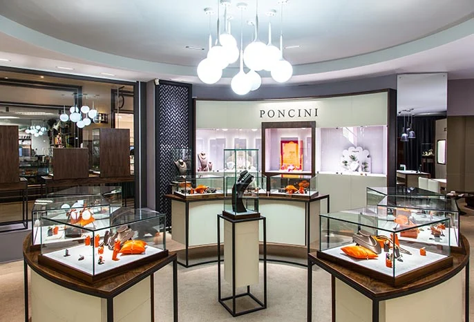 Elegant display of diamonds and luxury jewelry at Poncini boutique in Mauritius