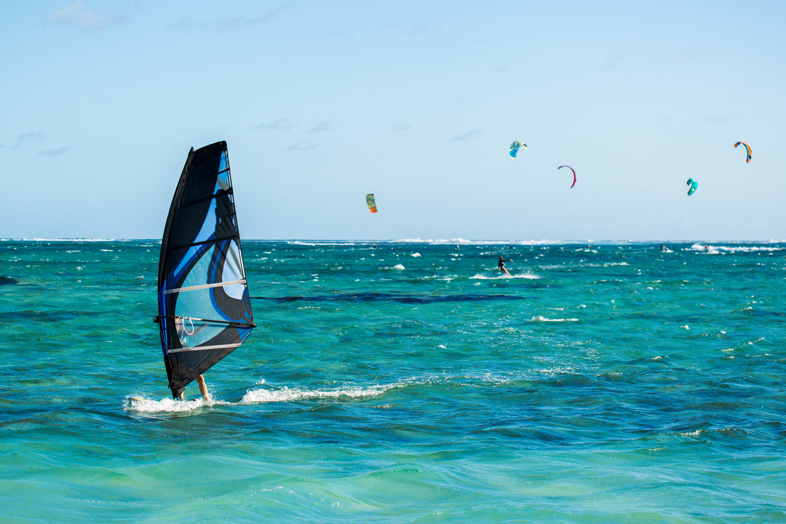 Windsurfers on the Le Morne beach in Mauritius