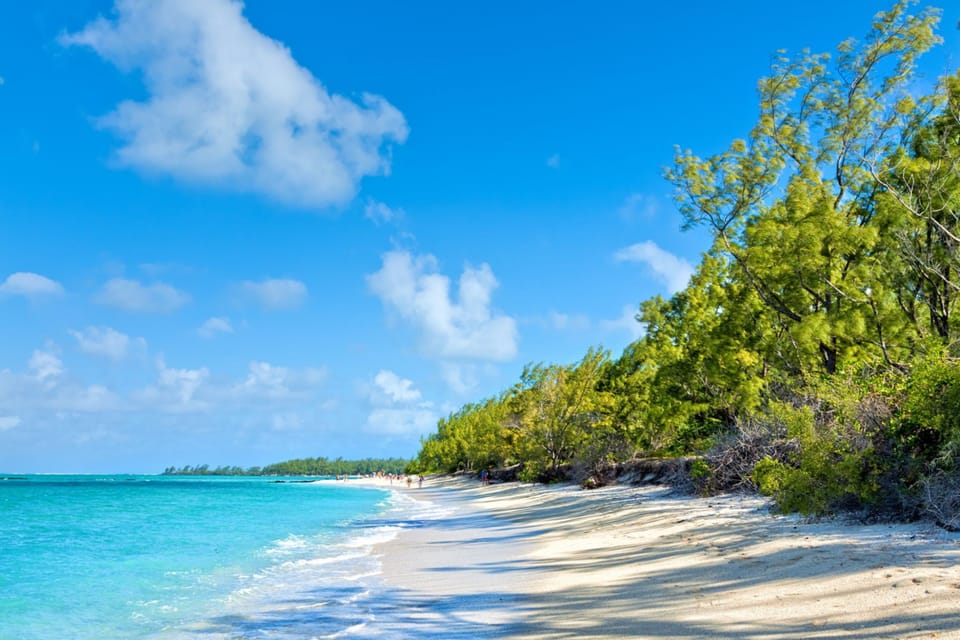 Peaceful beach walk with white sand and lush greenery at Île aux Cerfs, Mauritius