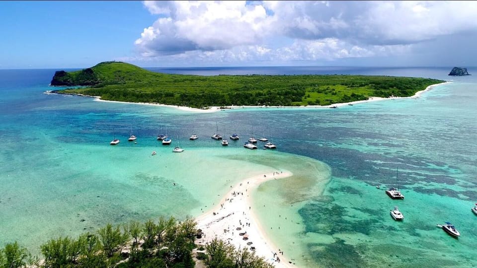 Overhead view of boats and shallow lagoon at Gabriel Island