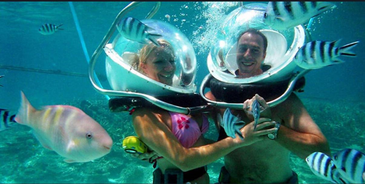 Group of people enjoying underwater walking with helmets in Mauritius
