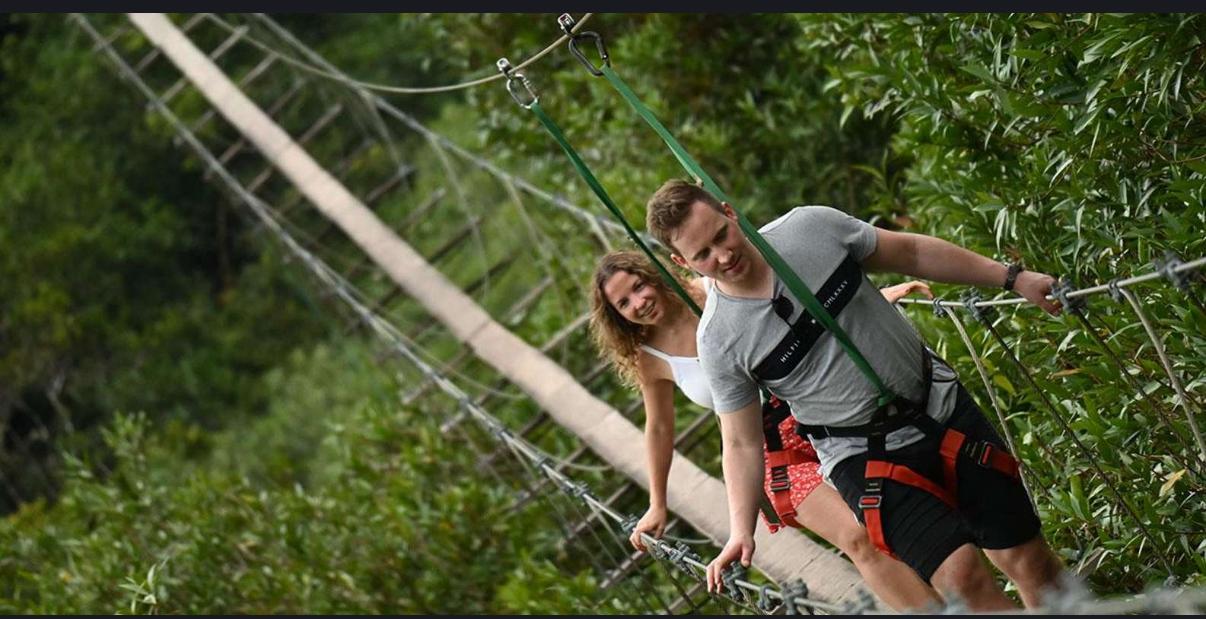 Woman smiling while ziplining among treetops in Mauritius